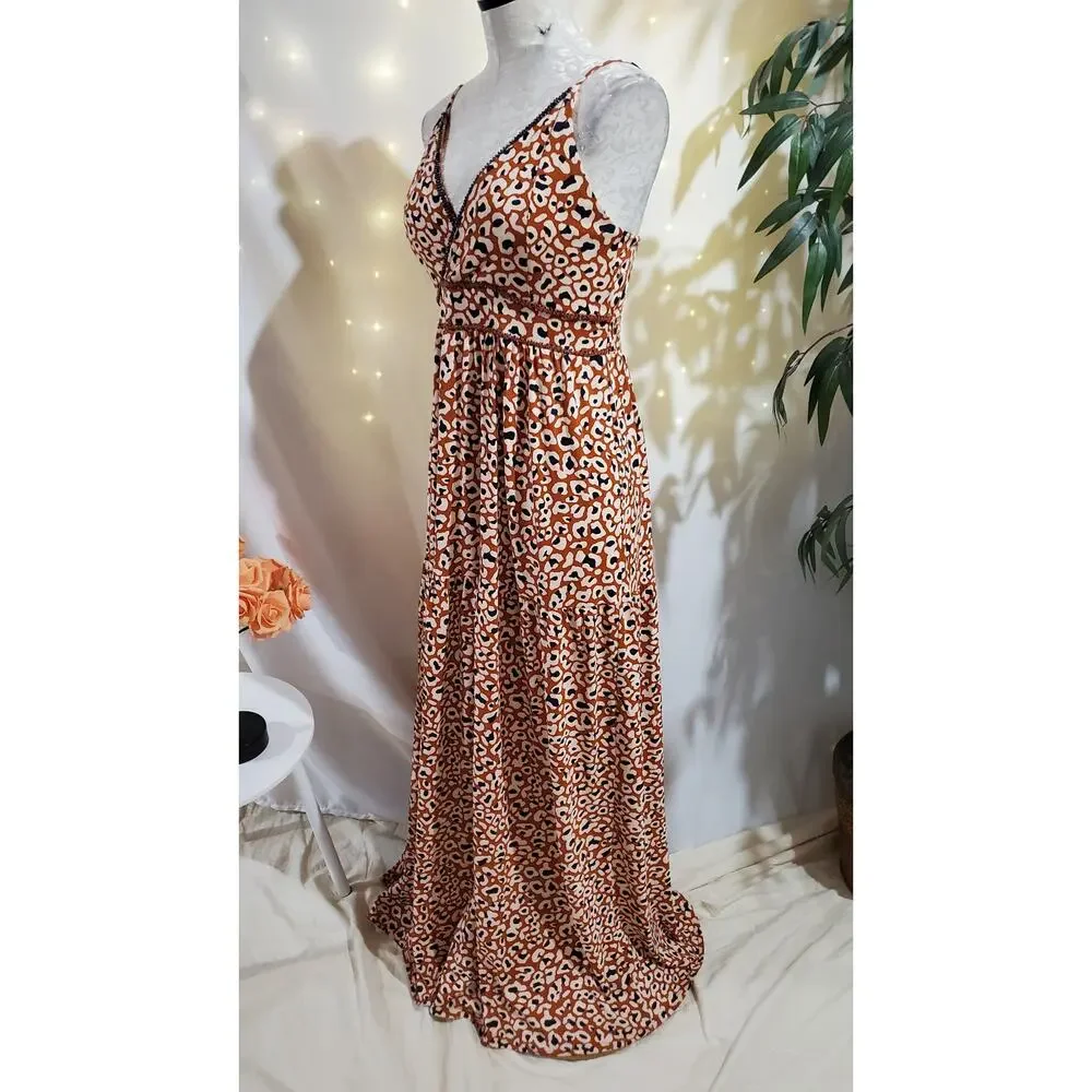 Maaji + Rapsodia Leopard Animal Print Beaded Tiered Maxi Dress Size L Beachy